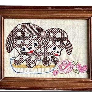 Vintage Handmade Cross Stitched / Embroidered Puppy Dog Wall Decor 6.5x4…